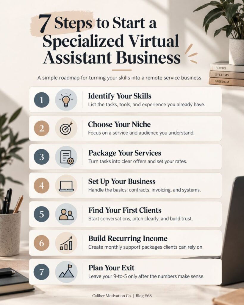 Infographic showing 7 steps to start a specialized virtual assistant business, from identifying your skills and choosing a niche to finding clients, building recurring income, and leaving your 9-to-5.