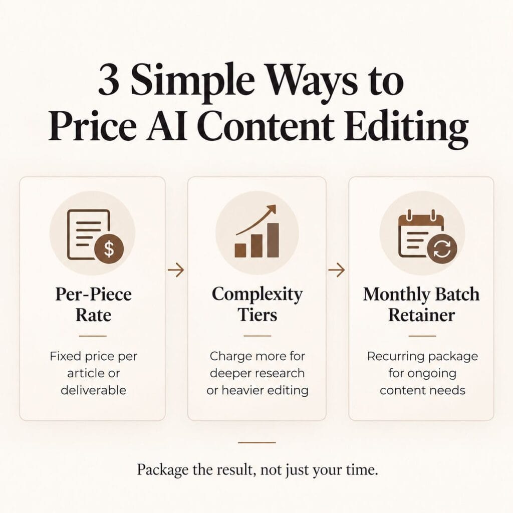 ai-content-editing-pricing-models Three AI content editing pricing models: per-piece rates, complexity tiers, and monthly batch retainers