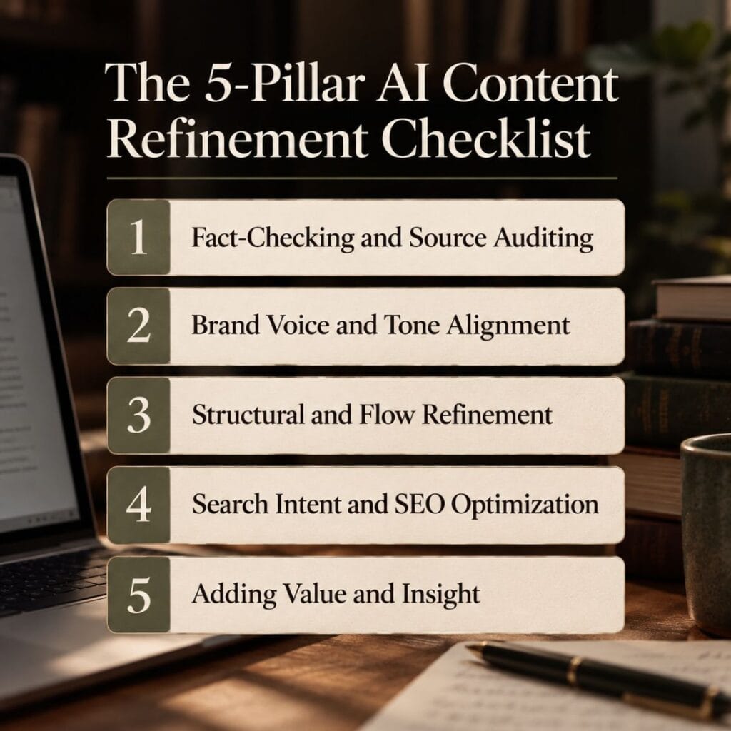 ai-content-refinement-checklist The 5-Pillar AI Content Refinement Checklist infographic showing fact-checking, brand voice, structure, SEO, and added value