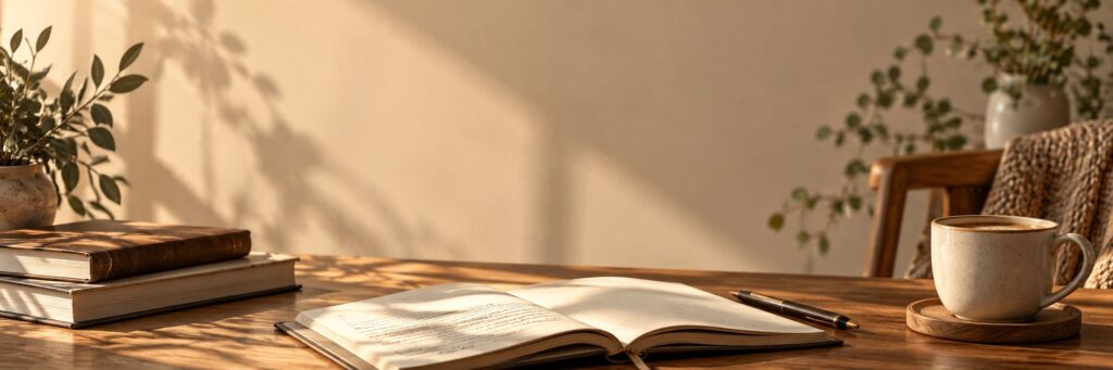 Warm wooden workspace with an open journal, stacked books, pen, and coffee in natural sunlight, representing discipline, mindset, and personal growth.