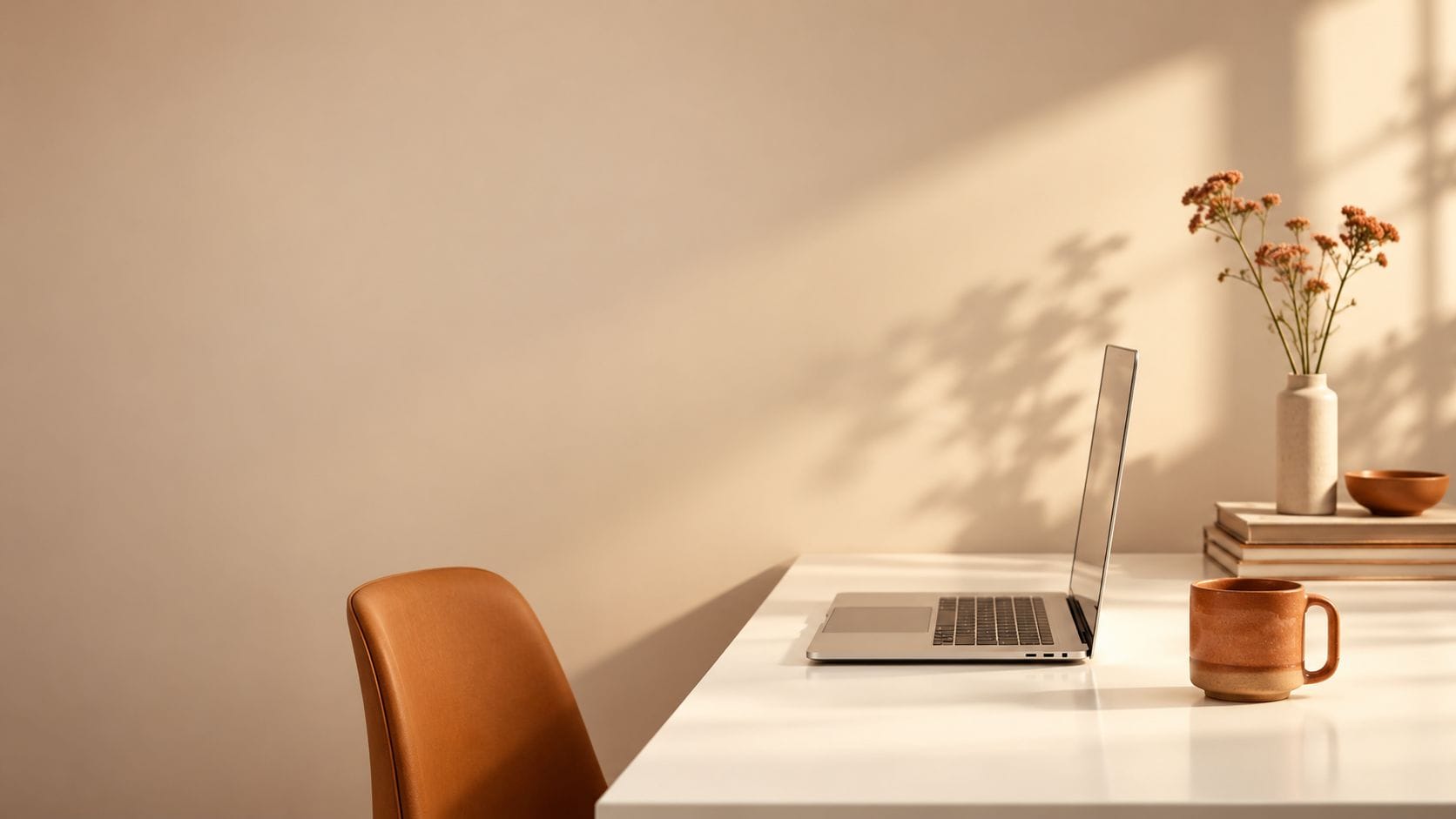 Minimal workspace with a laptop, coffee mug, and soft neutral tones for Caliber Motivation Co. hero image.