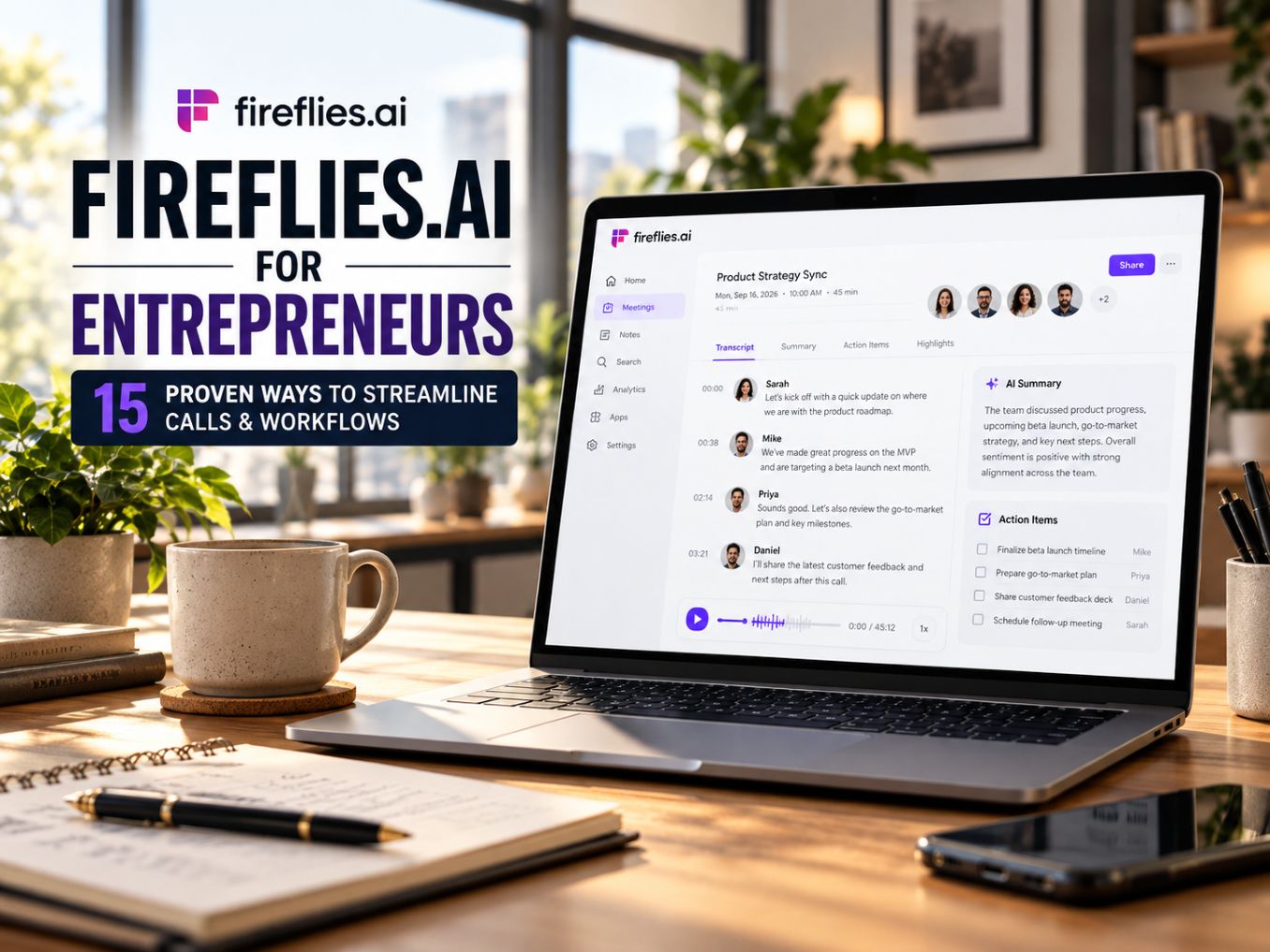 Fireflies.ai for Entrepreneurs showing 15 ways to streamline meetings, automate tasks, and improve business workflows using AI.