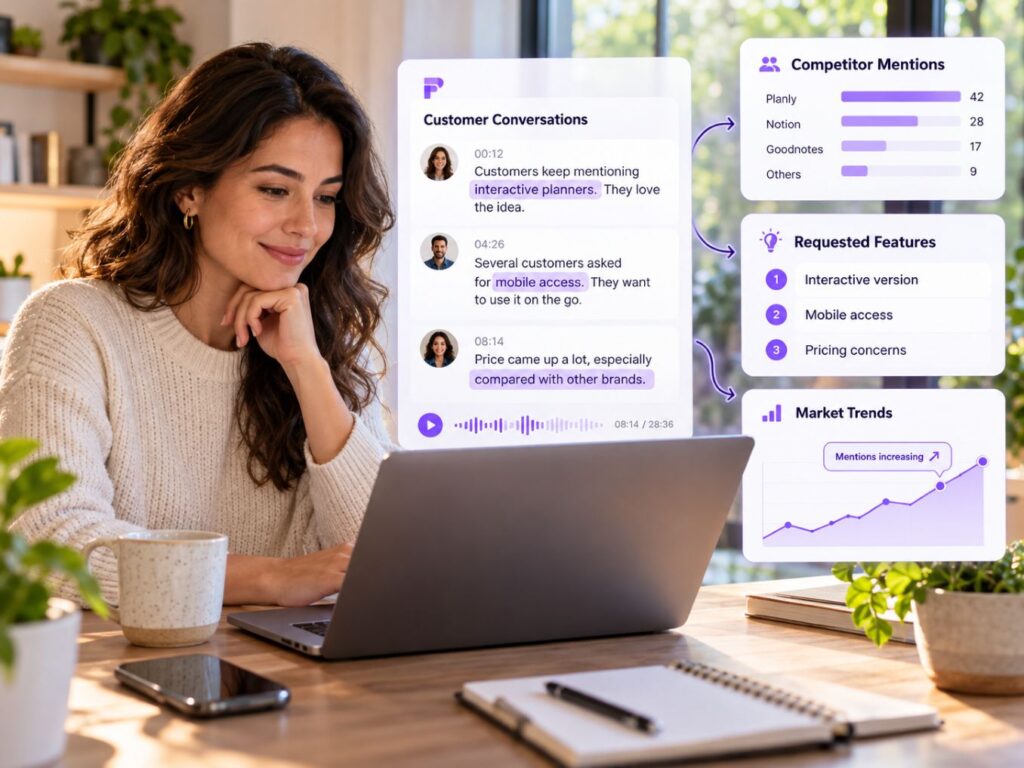 Fireflies.ai for Entrepreneurs analyzing customer conversations, competitor mentions, requested product features, and market trends.