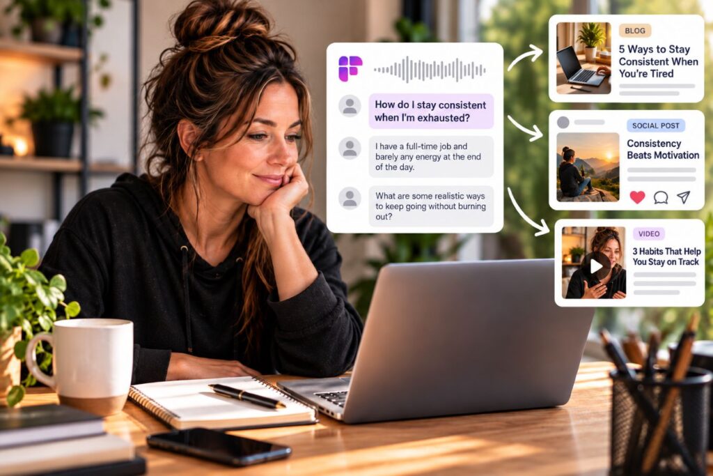 Fireflies.ai for Entrepreneurs turning customer conversations into blog posts, social media content, and videos using AI.