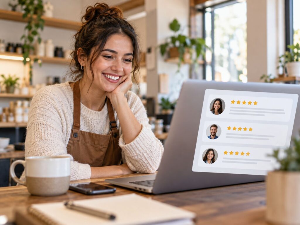 Happy business owner reviewing positive customer feedback and five-star ratings to better understand customer needs and improve services.