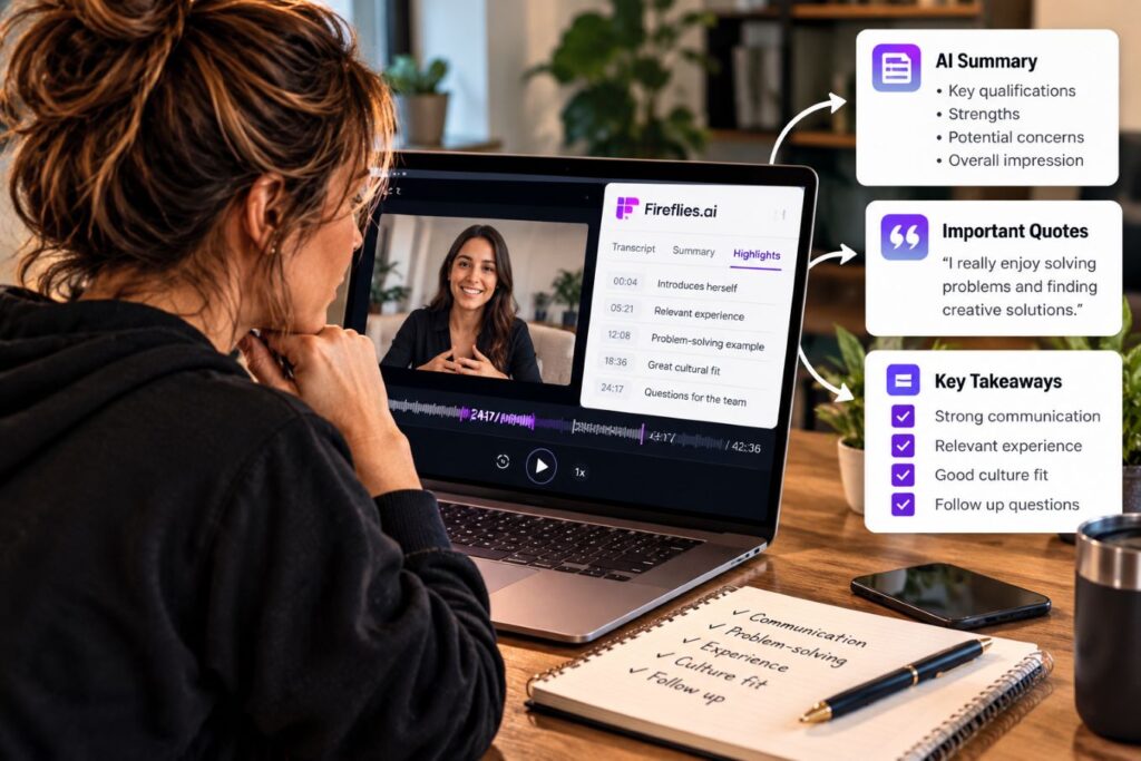 Fireflies.ai for Entrepreneurs helping a business owner review recorded job interviews, candidate qualifications, and AI-generated summaries.