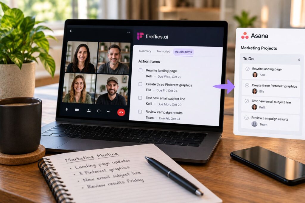 Fireflies.ai for Entrepreneurs turning video meeting action items into organized project tasks in Asana.