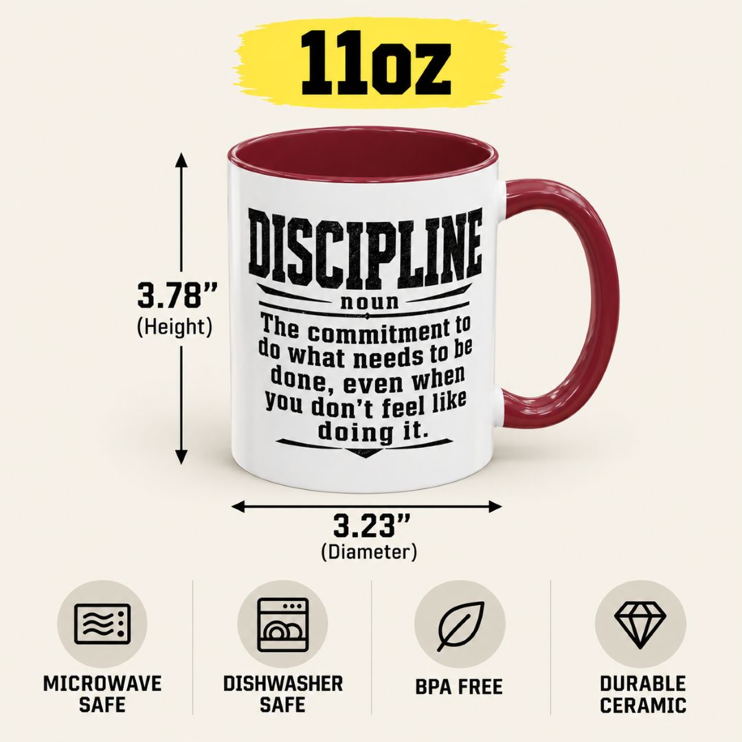 Got Discipline 11 oz maroon accent coffee mug size guide showing 3.78-inch height, 3.23-inch diameter, and microwave-safe, dishwasher-safe, BPA-free ceramic features.