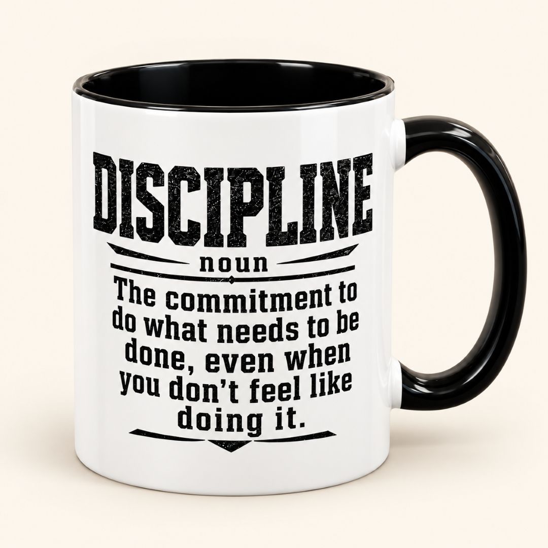 Back of the Got Discipline 11 oz motivational coffee mug featuring the definition of discipline in bold, distressed black lettering with a black handle and interior.