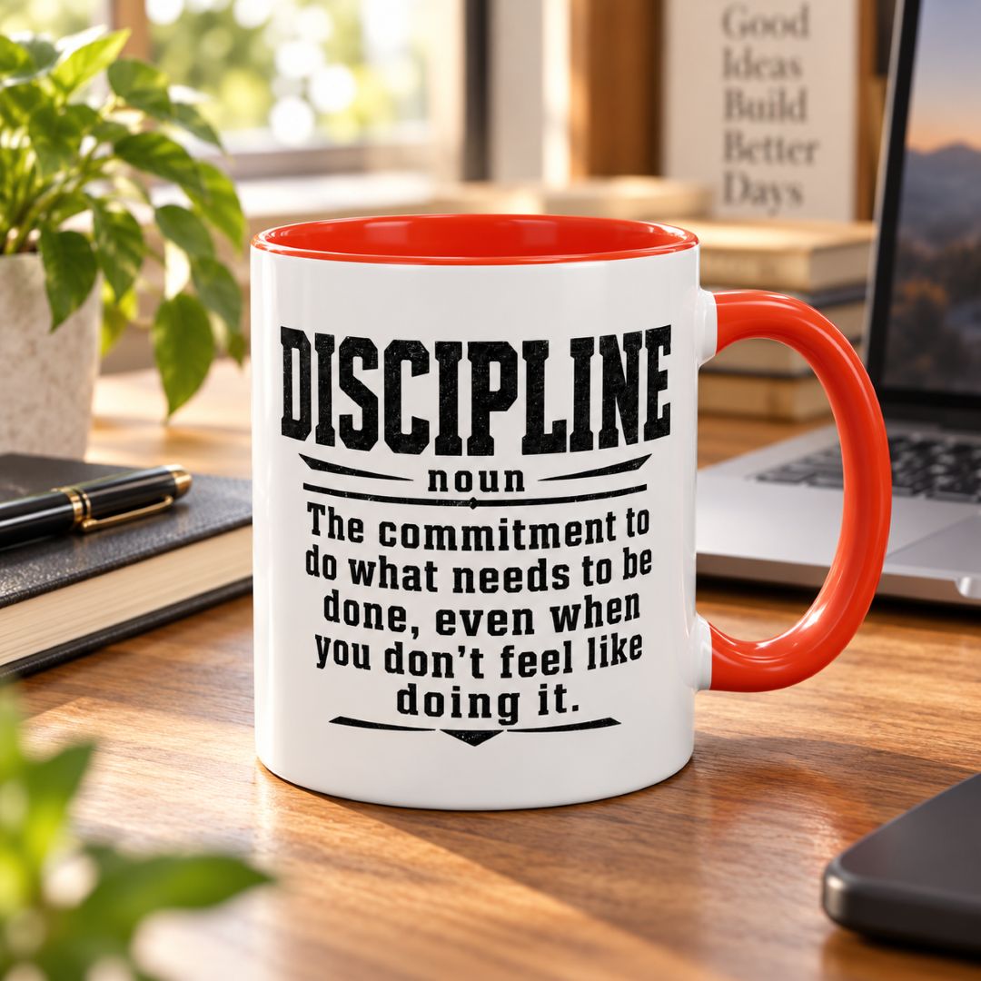 Got Discipline motivational coffee mug with red handle and interior, featuring the discipline definition on a wooden desk beside a laptop and notebook.