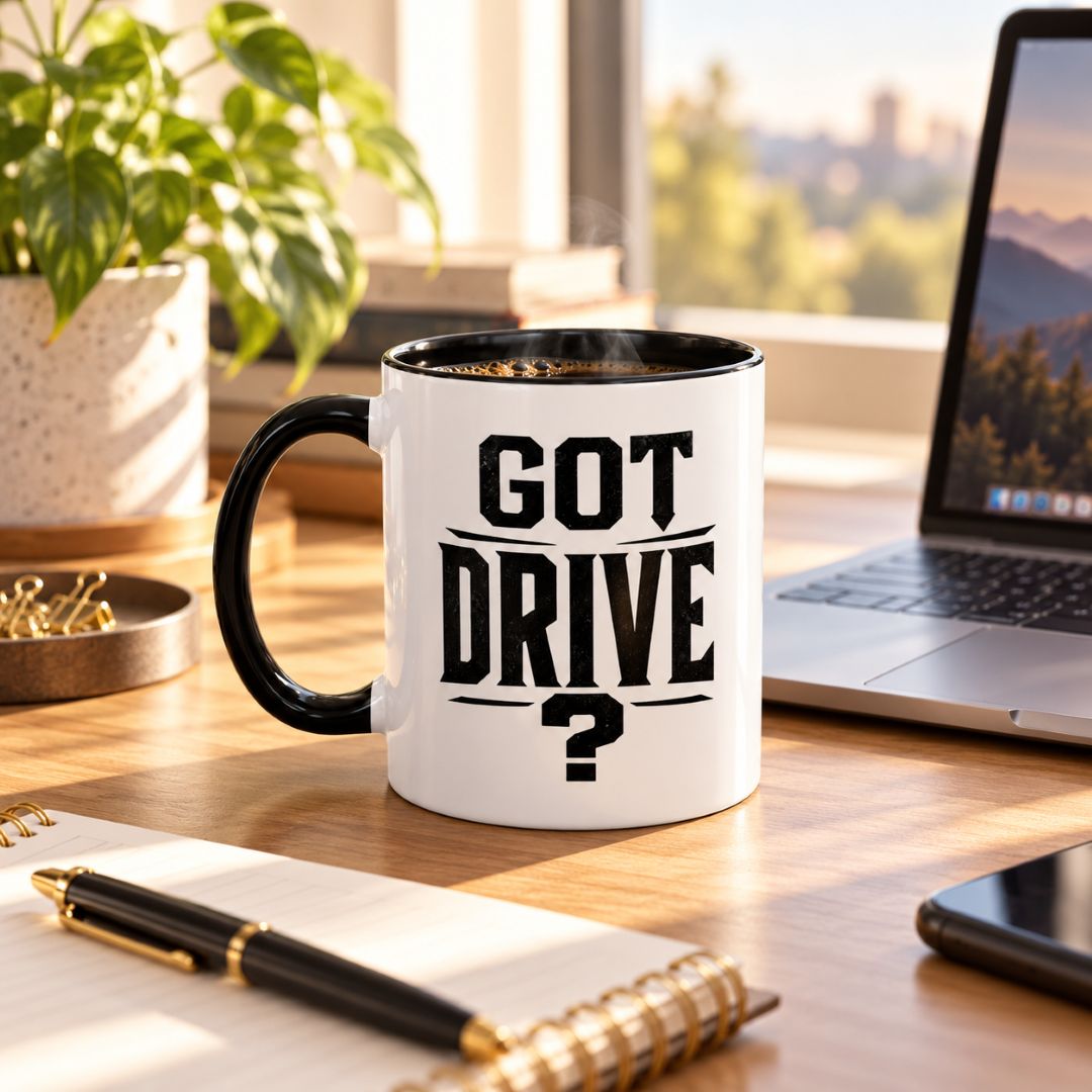 Got Drive motivational coffee mug with black handle and bold GOT DRIVE? design, filled with coffee on a sunlit wooden desk beside a laptop, notebook, and pen.