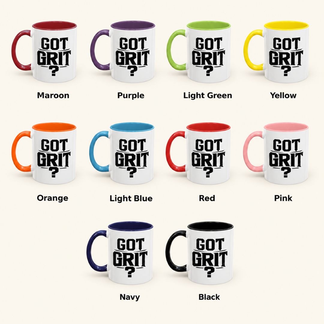 Got Grit motivational coffee mug collection featuring all 10 accent colors in 11oz ceramic mugs, with labeled color options and bold GOT GRIT? designs.