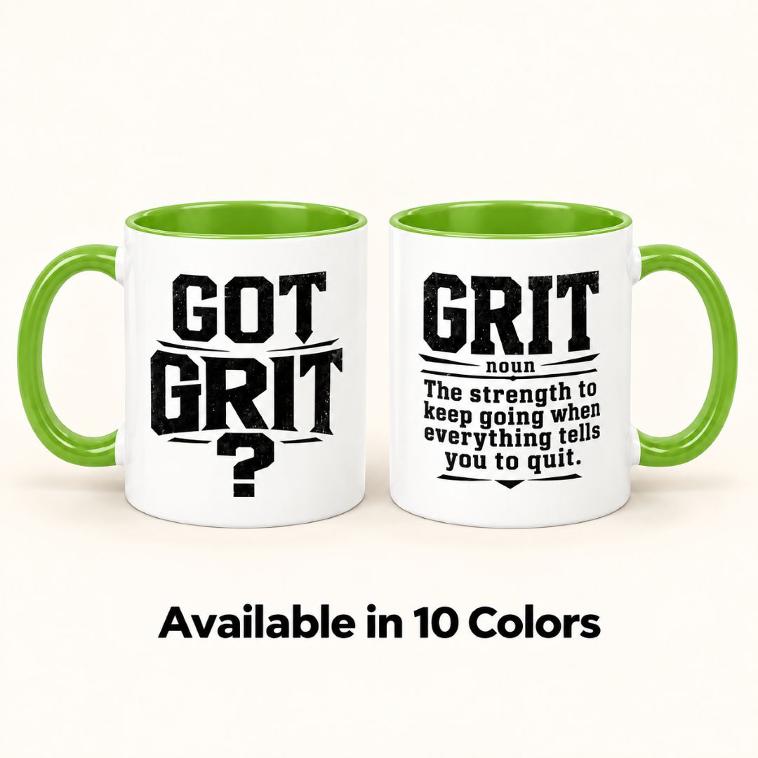 Got Grit motivational coffee mug in light green, showing the bold GOT GRIT? design and grit definition on an 11oz ceramic mug, available in 10 colors.