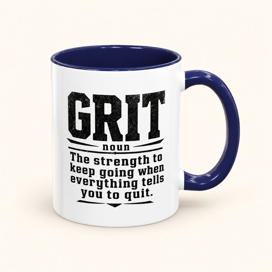Got Grit Mug 11oz with navy blue handle and interior, featuring the motivational definition of grit in bold black lettering on white ceramic.