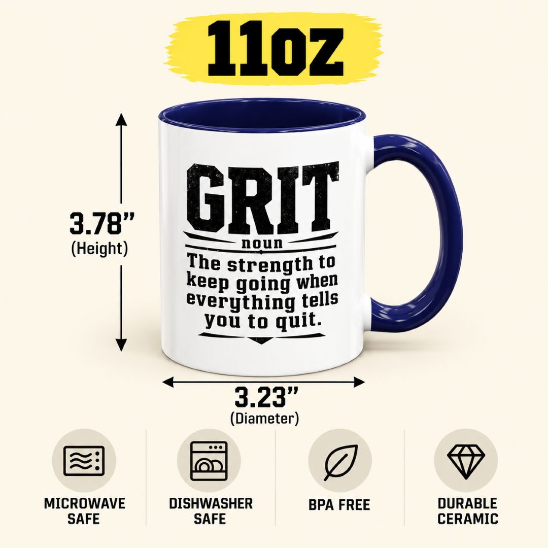 Got Grit Mug 11oz size guide showing a navy accent ceramic coffee mug, 3.78-inch height, 3.23-inch diameter, and microwave-safe, dishwasher-safe, BPA-free features.