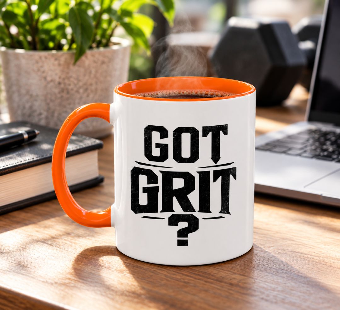 Got Grit Mug with orange handle and interior, filled with hot coffee on a wooden desk beside a laptop, notebook, and workout equipment.