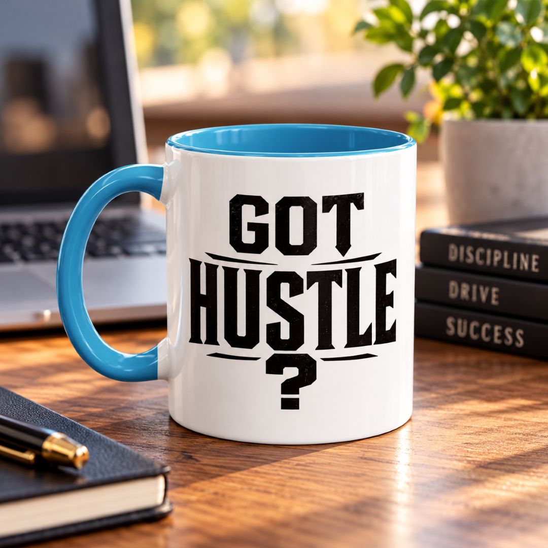Got Hustle motivational coffee mug with light blue handle and interior on a wooden desk beside a laptop, notebook, and books about discipline, drive, and success.