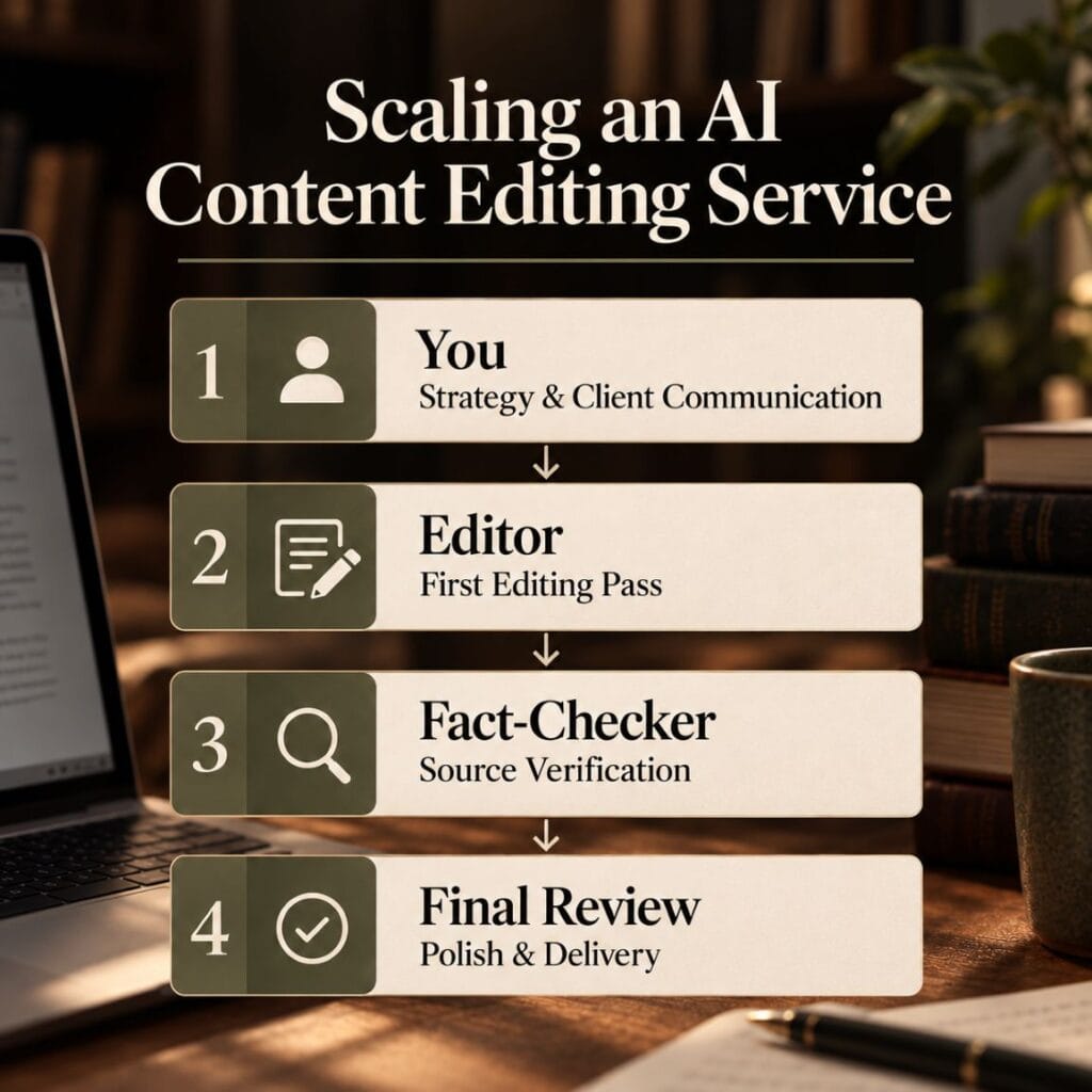 scaling-ai-content-editing-service Workflow graphic showing how to scale an AI content editing service from strategy and client communication to editing, fact-checking, and final review