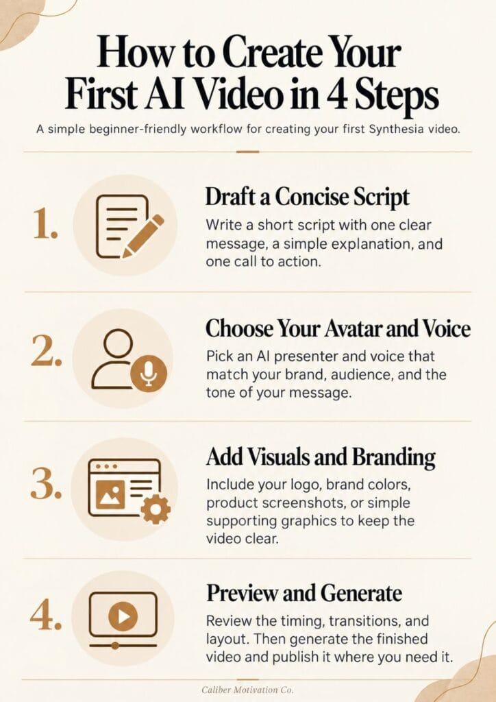 Infographic showing four steps for creating an AI video with Synthesia for entrepreneurs, from writing a script to generating the final video.