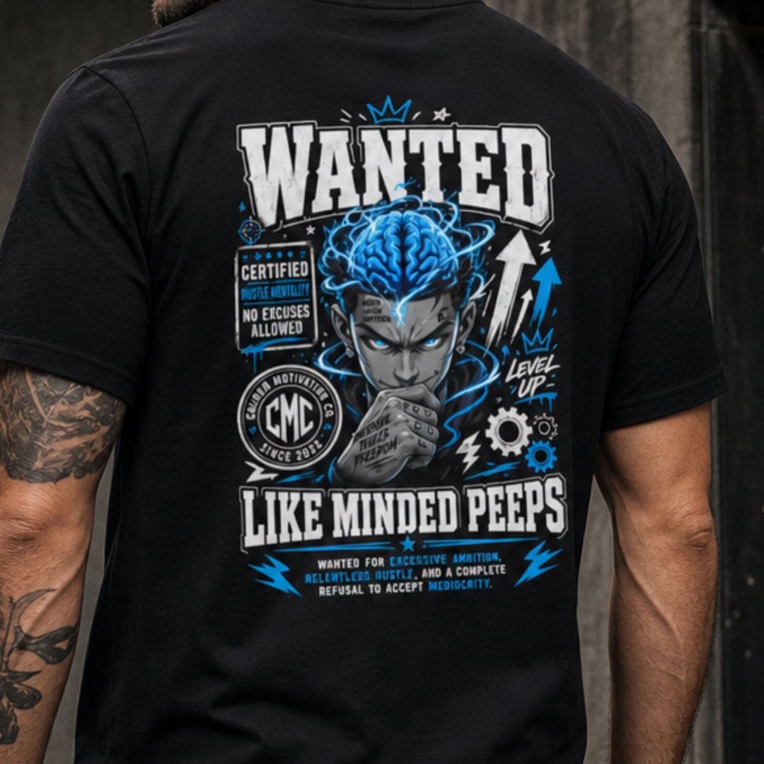 Close-up of the Wanted Like-Minded Peeps T-Shirt back graphic, featuring an electric-blue brain, bold streetwear lettering, and Caliber Motivation Co. logo.