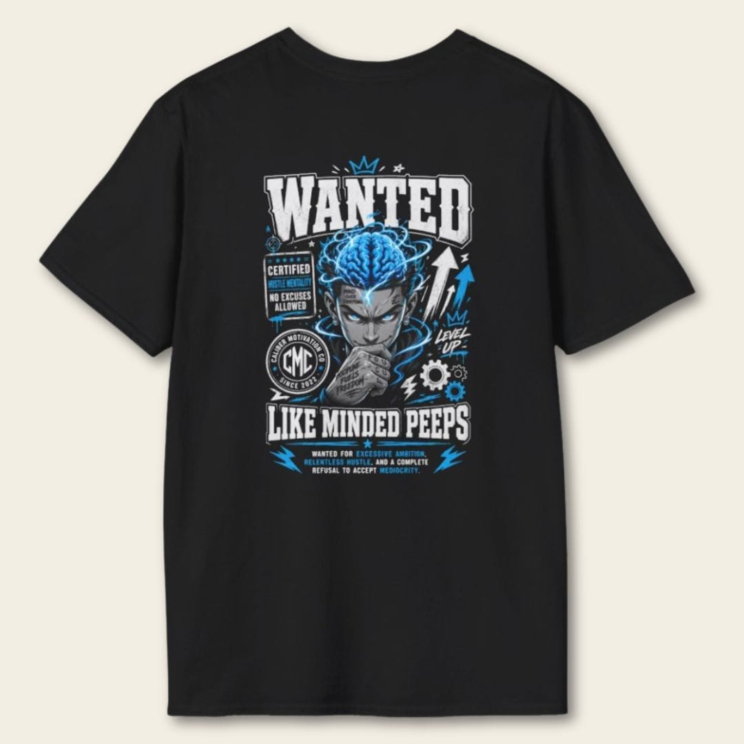 Back view of the black Wanted Like-Minded Peeps T-Shirt featuring an electric-blue brain graphic, bold WANTED lettering, and Caliber Motivation Co. branding.