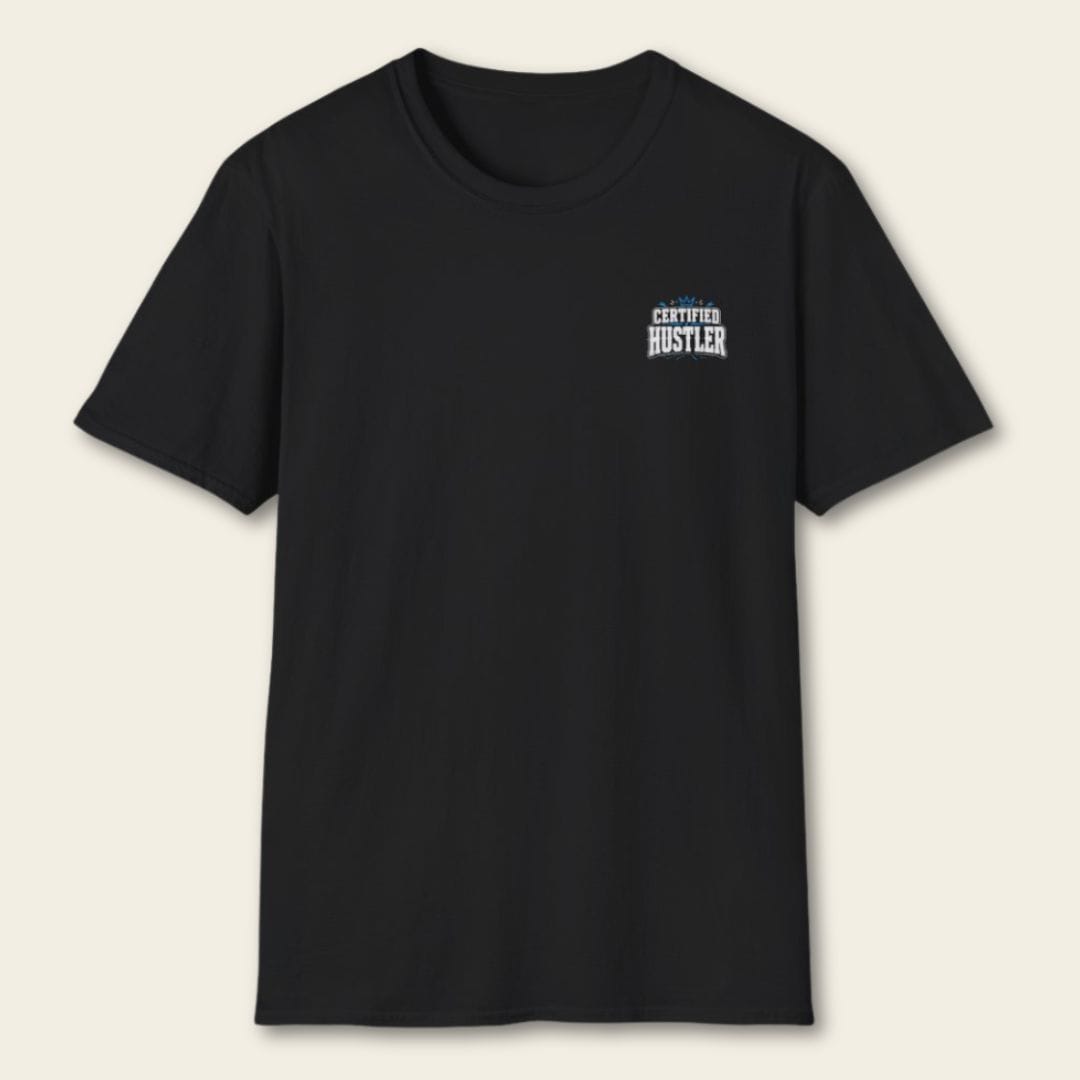 Front view of the black Wanted Like-Minded Peeps T-Shirt featuring a small white and electric-blue Certified Hustler left-chest graphic.