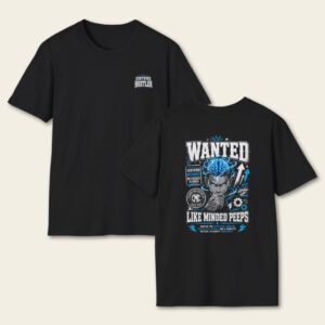 Wanted Like-Minded Peeps T-Shirt in black, showing the Certified Hustler left-chest design and bold electric-blue motivational graphic on the back.