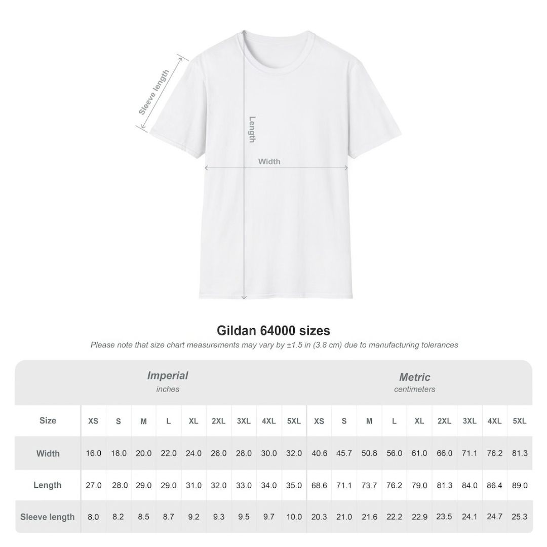 Gildan 64000 unisex size chart for the Wanted Like-Minded Peeps T-Shirt, showing width, length, and sleeve measurements in inches and centimeters for sizes XS–5XL.